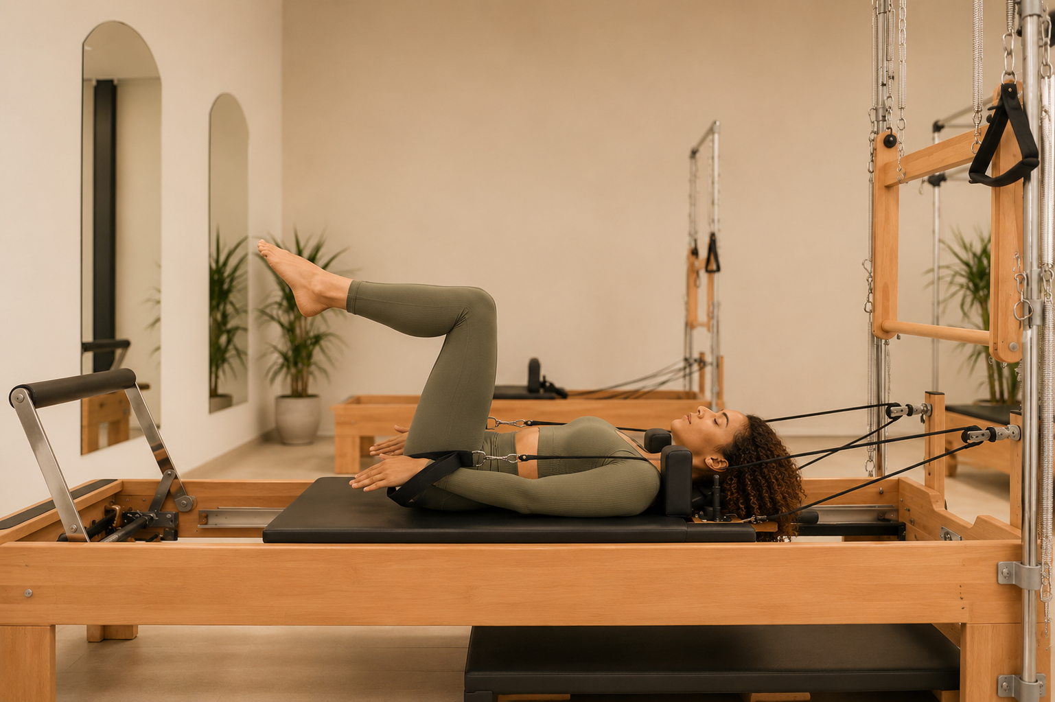 Élève allongée sur le Reformer, jambes levées dans les sangles