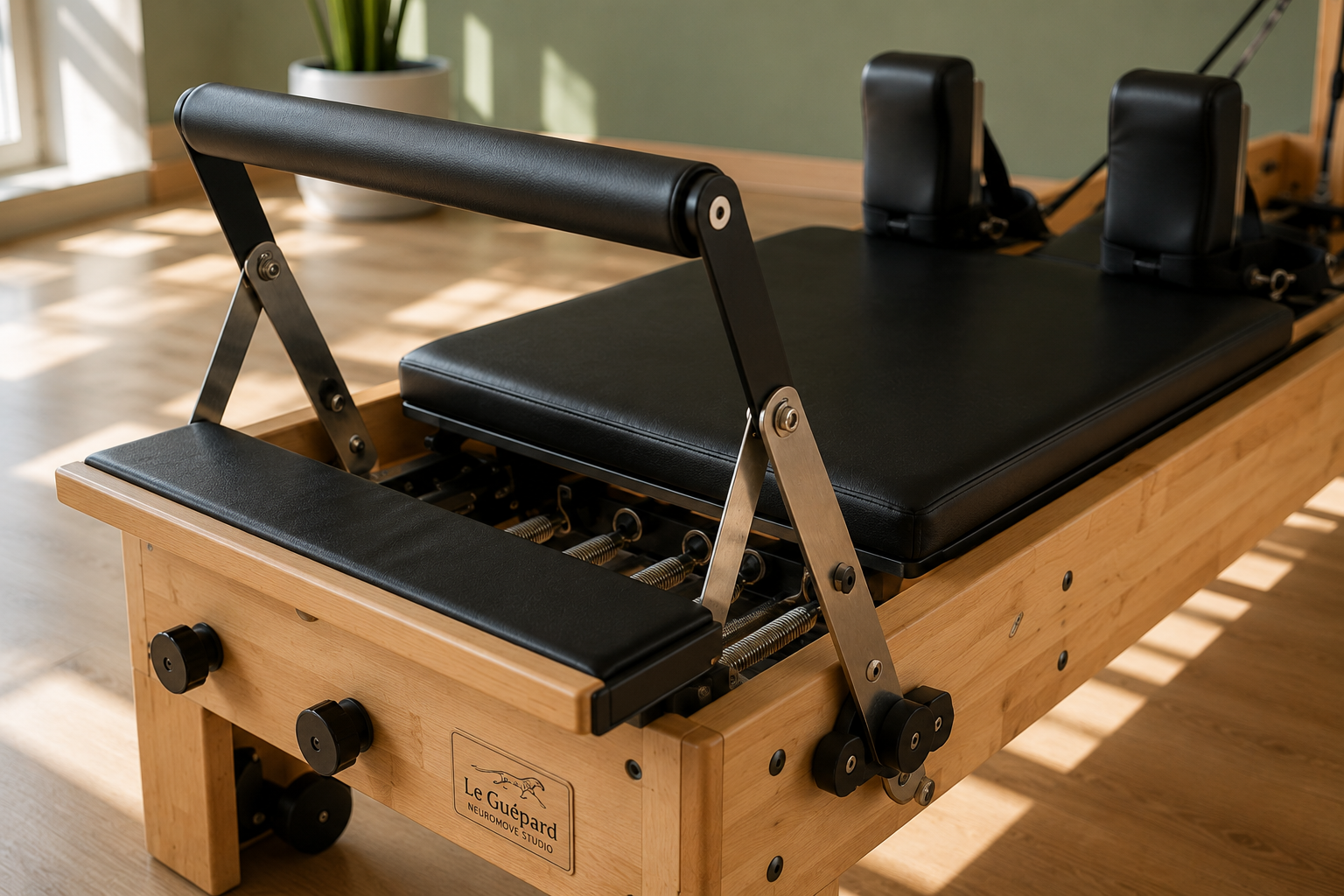 Reformer de Pilates en bois : chariot, ressorts et barre de pieds